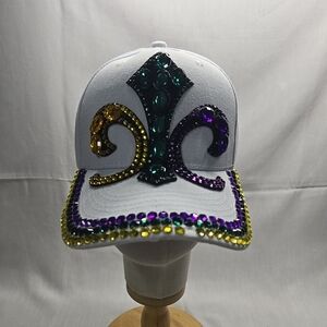 White Ball Cap with Mardi Gras Fleur De Lis